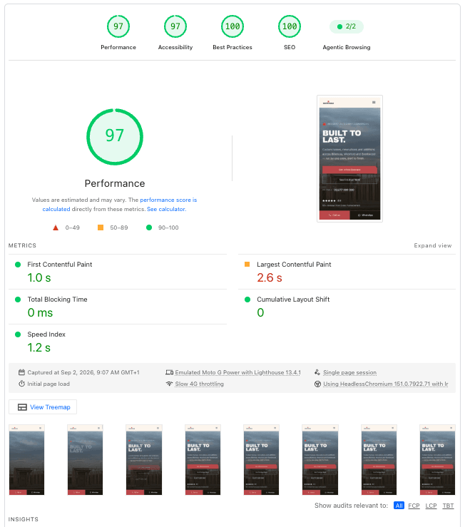 Google PageSpeed Insights report for South Build, captured 2 Sep 2026