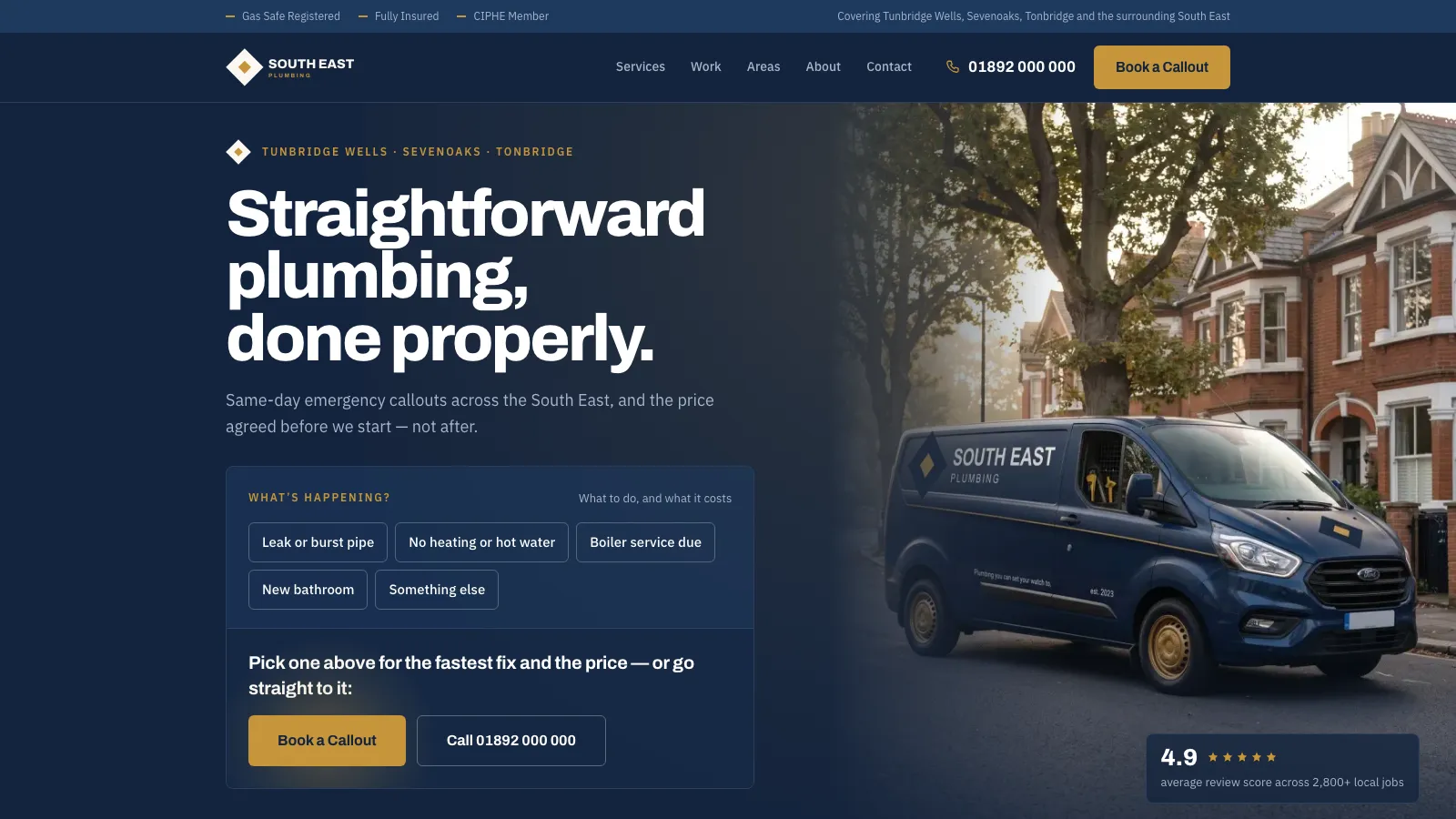 Homepage of the South East Plumbing demo website